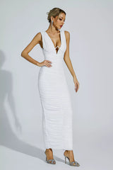 Kaeifa White Deep V-Neck Ruched Sleeveless Bodycon Maxi Dress