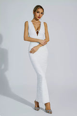 Kaeifa White Deep V-Neck Ruched Sleeveless Bodycon Maxi Dress
