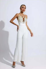 Kaeifa White Gold Beaded Halter V-Neck Cross Strap Wide Leg Jumpsuit