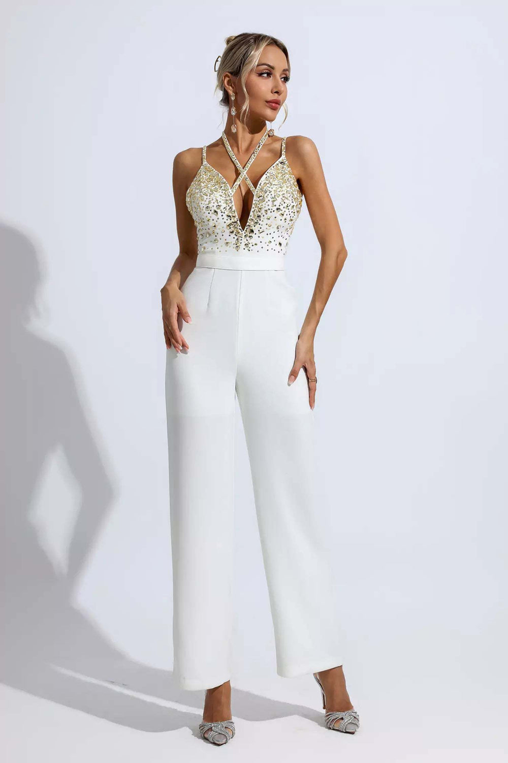 Kaeifa White Gold Beaded Halter V-Neck Cross Strap Wide Leg Jumpsuit