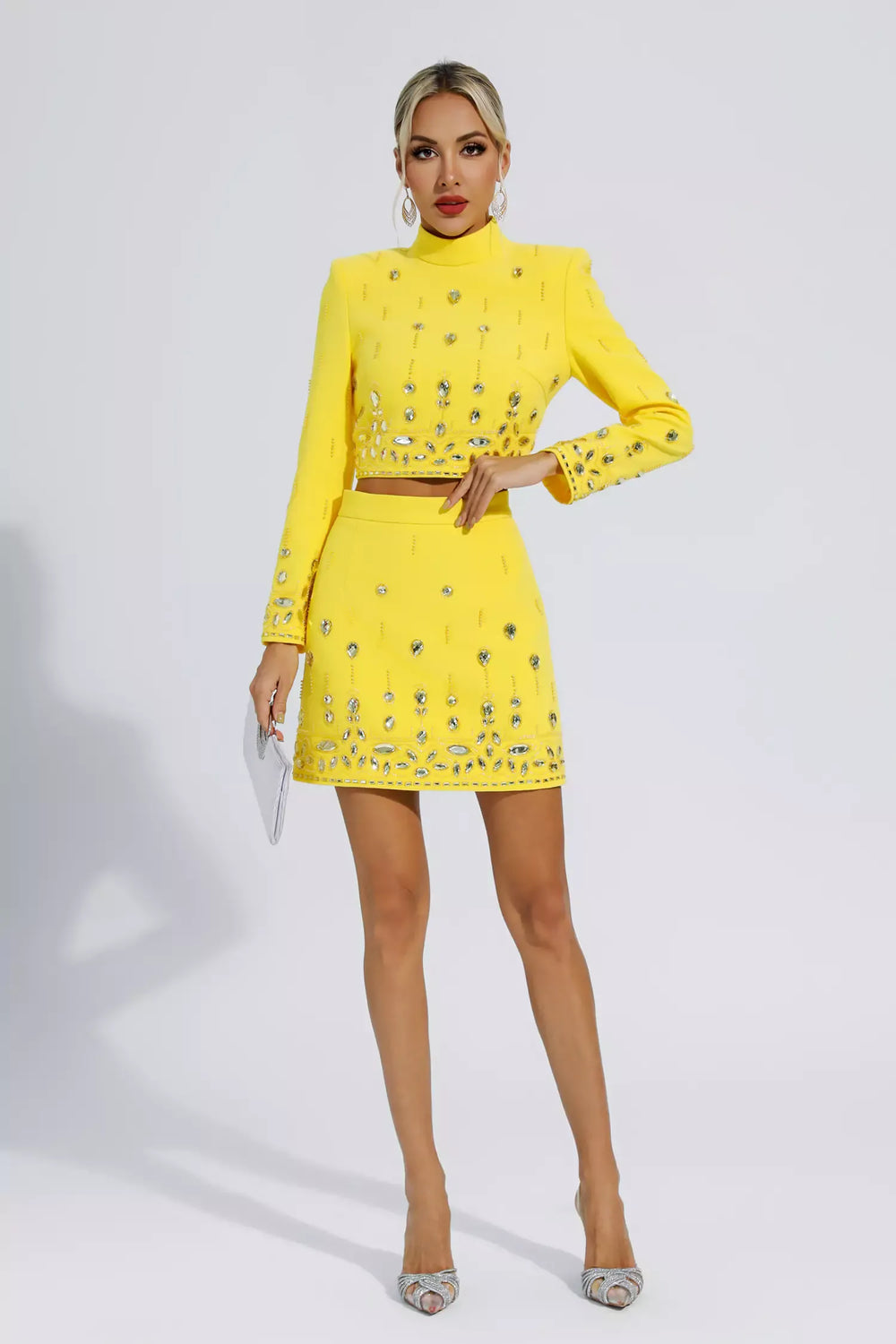 Kaeifa Yellow Rhinestone Mock Neck Long Sleeve Crop Top Mini Skirt Set