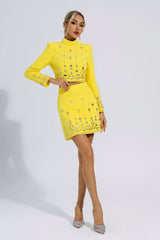Kaeifa Yellow Rhinestone Mock Neck Long Sleeve Crop Top Mini Skirt Set