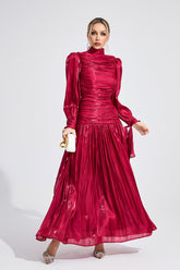 Kaeifa Crimson Satin Ruched Mock Neck Long Sleeve Pleated Maxi Dress