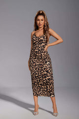 Kaeifa Brown Leopard Print Cowl Neck Spaghetti Strap Midi Dress