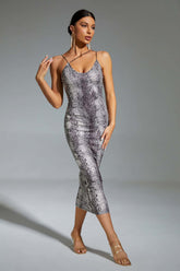 Kaeifa Silver Snake Print Cowl Neck Spaghetti Strap Midi Dress