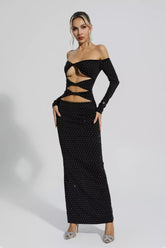 Kaeifa Black Crystal Studded Off Shoulder Cutout Maxi Dress