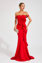 Kaeifa Red Ruffle Maxi Dress - Off Shoulder 3D Flower Mermaid