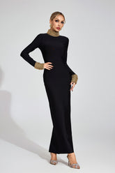 Kaeifa Black Pearl Trim Bodycon Maxi Dress - High Neck Long Sleeve
