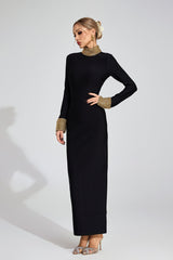 Kaeifa Black Pearl Trim Bodycon Maxi Dress - High Neck Long Sleeve