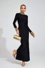 Kaeifa Black Pearl Trim Bodycon Maxi Dress - High Neck Long Sleeve