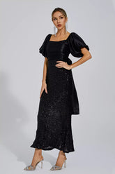 Kaeifa Black Satin Puff Sleeve Sequin Skirt Bow Maxi Dress