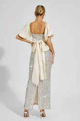 Kaeifa Silver Sequin Cream Bow Back Puff Sleeve Maxi Dress