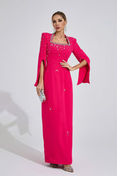 Kaeifa Hot Pink Crystal Beaded Square Neck Split Sleeve Maxi Dress