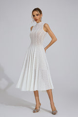 Kaeifa White Chevron Lace High Neck Sleeveless Midi Dress