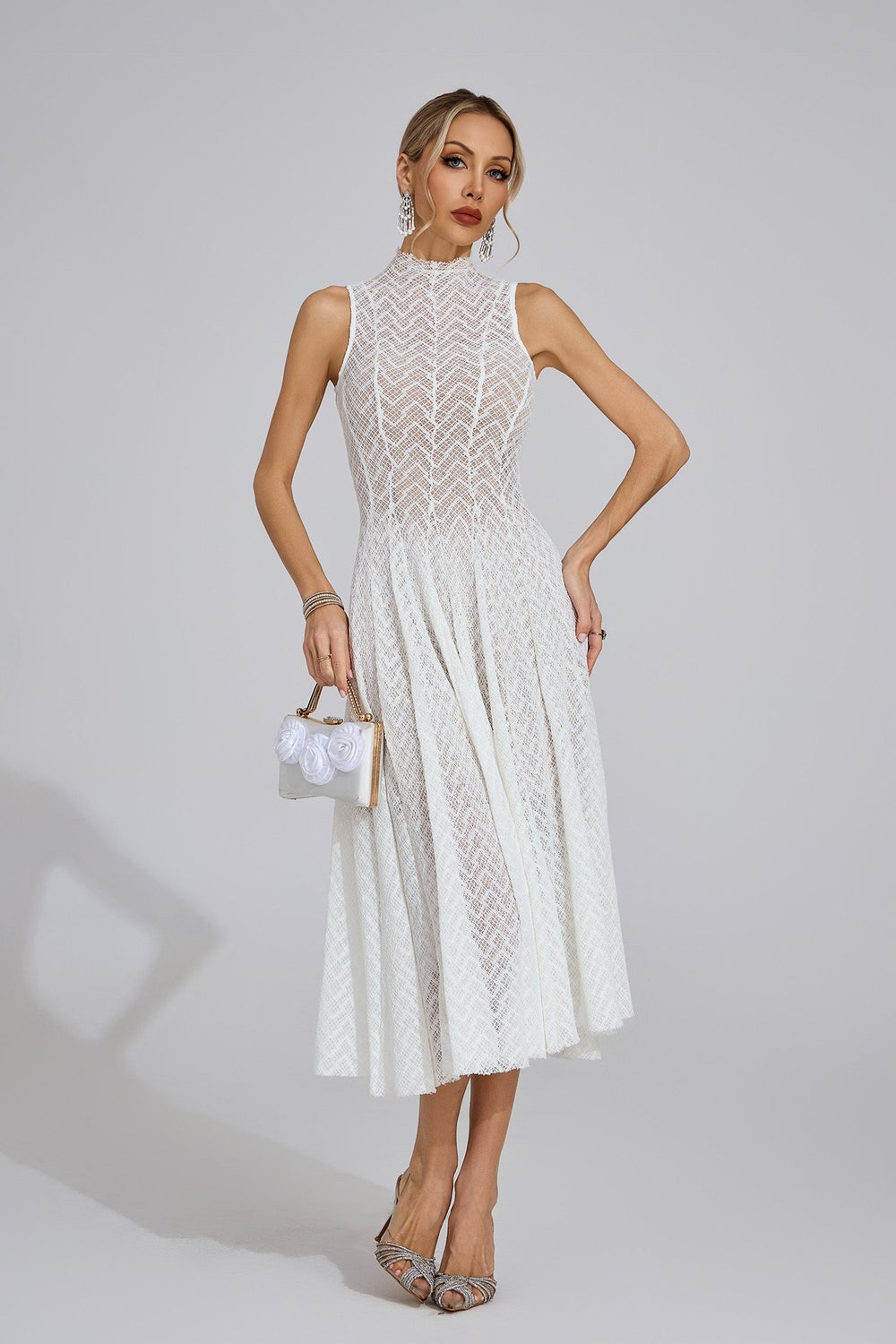 Kaeifa White Chevron Lace High Neck Sleeveless Midi Dress