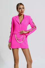 Kaeifa Fuchsia Pearl Chain Embellished Long Sleeve Blazer Mini Dress