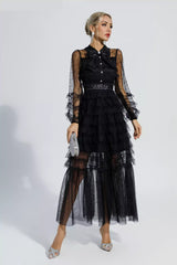 Kaeifa Black Polka Dot Maxi Dress - Bow Neck Sheer Sleeve Tiered