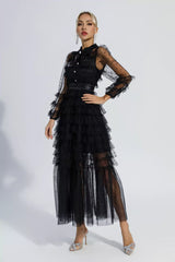 Kaeifa Black Polka Dot Maxi Dress - Bow Neck Sheer Sleeve Tiered