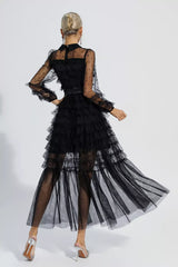 Kaeifa Black Polka Dot Maxi Dress - Bow Neck Sheer Sleeve Tiered