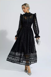 Kaeifa Black Lace Midi Dress - High Neck Sheer Sleeve A-Line