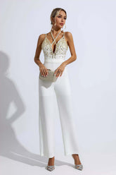 Kaeifa White Gold Beaded Halter V-Neck Cross Strap Wide Leg Jumpsuit