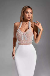 Kaeifa Blush Full Pearl Beaded Halter Neck Sheer Crop Top Formal