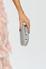 Kaeifa Silver Full Rhinestone Oval Hard Case Chain Strap Evening Clutch