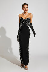 Kaeifa Black Pearl Embellished Strapless Sweetheart Maxi Dress