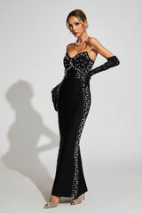 Kaeifa Black Pearl Embellished Strapless Sweetheart Maxi Dress