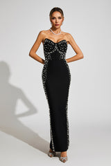 Kaeifa Black Pearl Embellished Strapless Sweetheart Maxi Dress