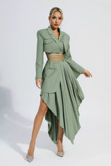 Kaeifa Sage Green Crop Blazer Pleated Asymmetric Midi Skirt Set
