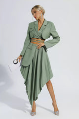 Kaeifa Sage Green Crop Blazer Pleated Asymmetric Midi Skirt Set