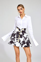 Kaeifa White Button Shirt Black Gold Rose Print Flare Mini Skirt Set