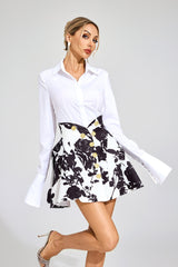Kaeifa White Button Shirt Black Gold Rose Print Flare Mini Skirt Set