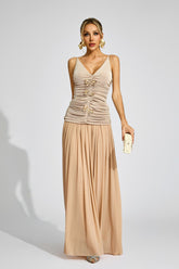 Kaeifa Beige Ruched Top Maxi Skirt Set - V-Neck 2 Piece