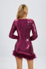 Kaeifa Magenta Sequin Feather Hem Sweetheart Long Sleeve Mini Dress