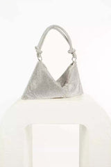 Kaeifa Silver Crystal Mesh Draped Knot Top Handle Evening Clutch Bag