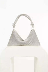 Kaeifa Silver Crystal Mesh Draped Knot Top Handle Evening Clutch Bag