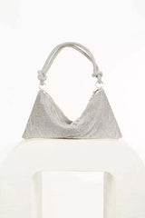 Kaeifa Silver Crystal Mesh Draped Knot Top Handle Evening Clutch Bag
