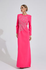 Kaeifa Hot Pink Long Sleeve Crystal Branch Round Neck Formal Maxi Dress