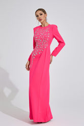 Kaeifa Hot Pink Crystal Beaded Round Neck Long Sleeve Formal Maxi Dress