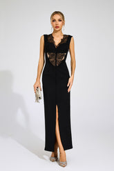 Kaeifa Black Sheer Lace Insert Deep V Sleeveless Maxi Dress