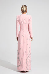 Kaeifa Baby Pink Crystal Beaded Mock Neck Long Sleeve Maxi Dress