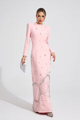 Kaeifa Baby Pink Crystal Beaded Mock Neck Long Sleeve Maxi Dress
