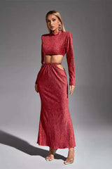 Kaeifa Brick Red Crinkle Texture Long Sleeve Crop Top Chain Midi Set