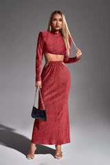 Kaeifa Brick Red Crinkle Texture Long Sleeve Crop Top Chain Midi Set