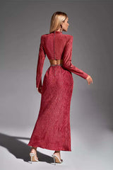 Kaeifa Brick Red Crinkle Texture Long Sleeve Crop Top Chain Midi Set