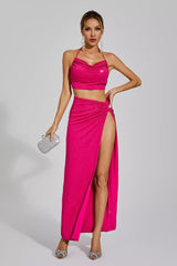 Kaeifa Hot Pink Sequin Halter Ruched Crop Top High Split Maxi Skirt Set