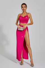 Kaeifa Hot Pink Sequin Halter Ruched Crop Top High Split Maxi Skirt Set
