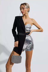 Kaeifa Black Silver Sequin Color Block One Shoulder Romper
